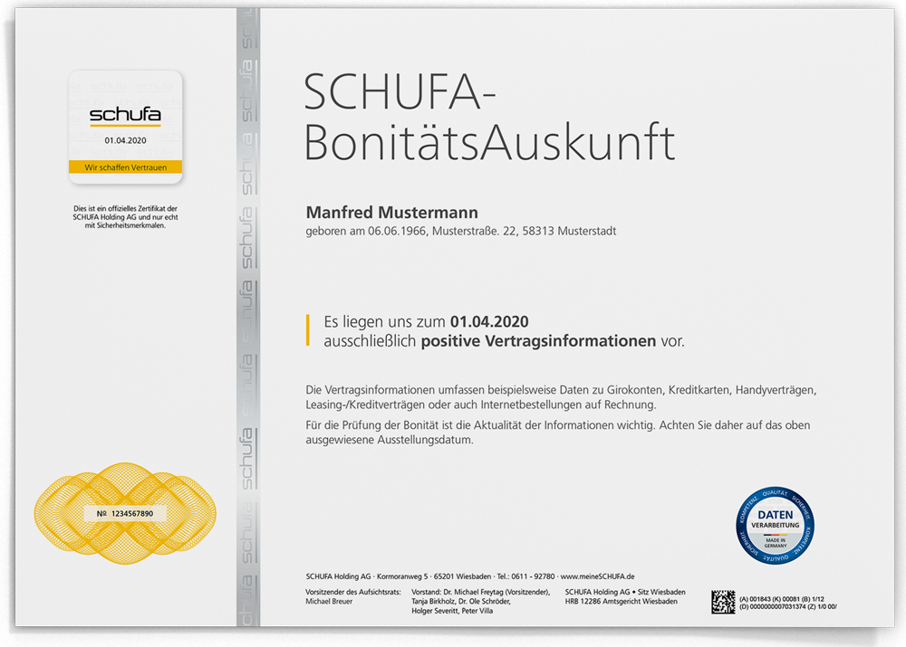 Schufa Musterzertifikat
